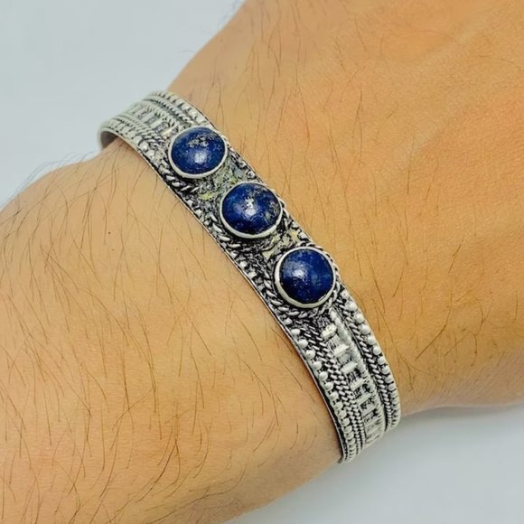 single Tibetan Antiqued Lapis Lazuli Tiger Eye Cuff Bracelet, Handmade Slim Cuff - Picture 1 of 4